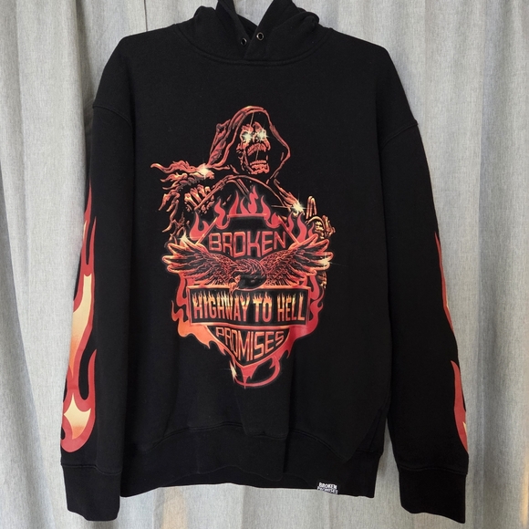 Broken Promises Grim Reaper Highway to Hell Black Hoodie Sweatshirt Sz M - Picture 2 of 13
